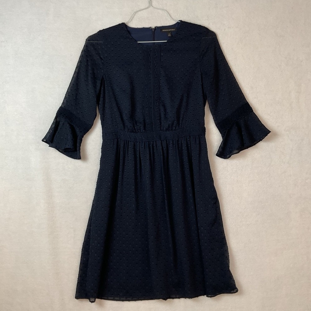 Banana Republic Dress Womens 2 Navy Blue‎ 3/4 Sleeve Tucks Ruffles Sheer Lined
